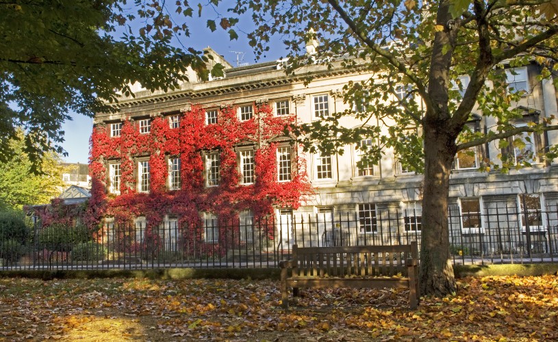 Autumn leaves on buildings surrounding Queen Square, Bath